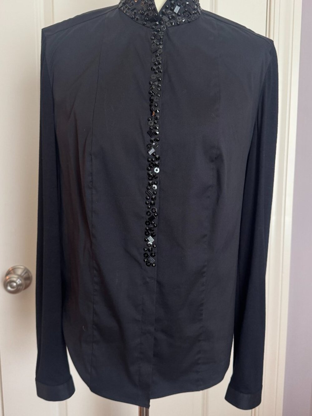 Akris Black Beaded Mandarin Collar Blouse Sz 12